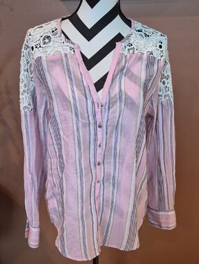 Sundance Lace-Yoke Pink Striped Button-Front Women’s Top